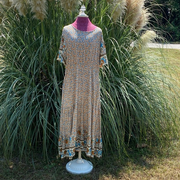 Nemidor Dresses & Skirts - Women's  Floral Bohemian Ruffle Size 26 Maxi Dress in Festive Orange and Blue